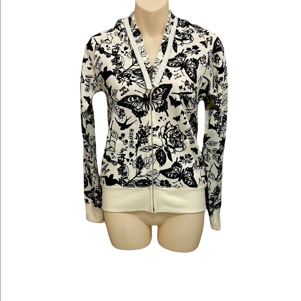 NWT Peace & Love Motif Zip Hoodie Floral Butterfly Sz S